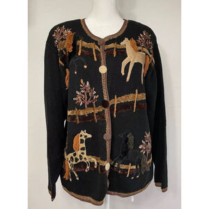 Vintage Victoria Harbour Equestrian Embroidered Black Cardigan Size Large Unique